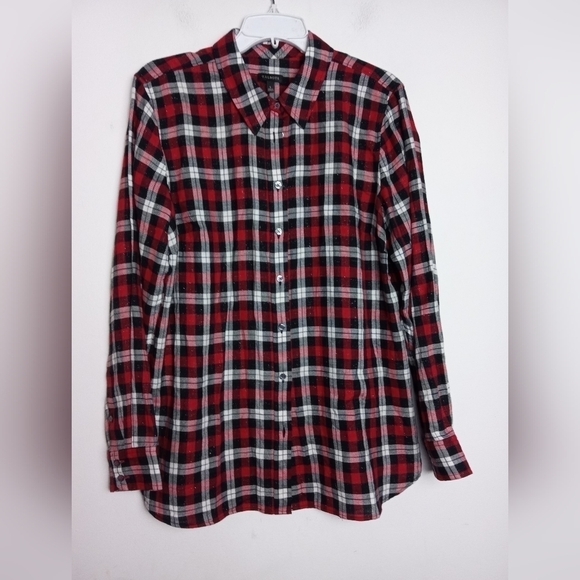 Talbots Black, White & Red Plaid Metallic Cotton Button Down Blouse size Large - Picture 3 of 10